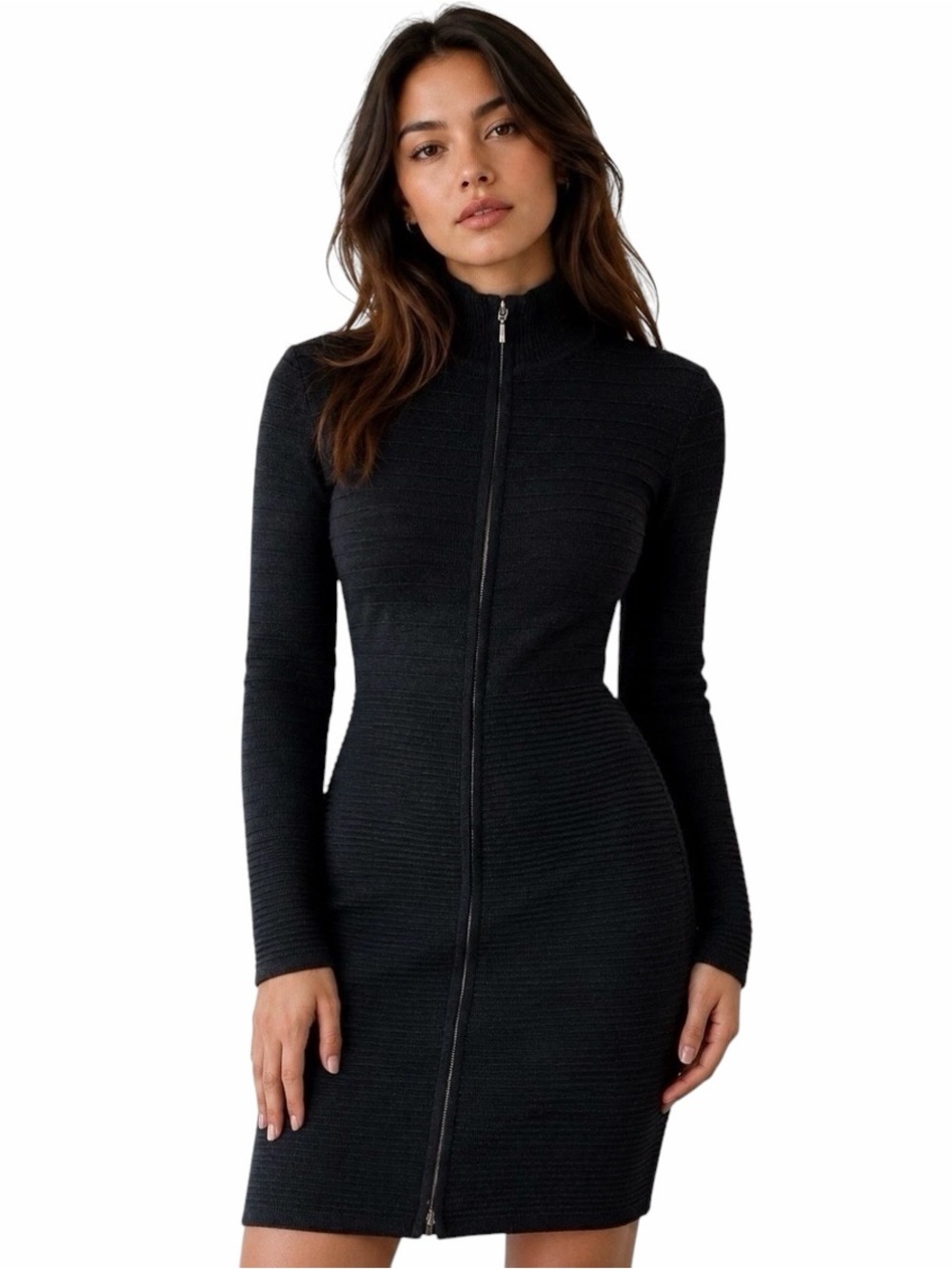 Calvin Klein Black Zip-Front Ribbed Long Sleeve Knit Sweater Midi Dress Sz M - Picture 2 of 11
